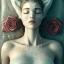 Placeholder: woman sleeping on satin pillow with spiderwebs covering face and hands on chest holding roses, 8k, high-quality, fine-detail, intricate, sharp, crisp, digital art, detailed matte, illustration, octane render, brian froud, howard lyon, Anne Dittman, Anne Stokes, Lisa Parker, Selina French