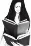 Placeholder: Pencil sketch of Young woman, Arab features, long wavy hair, reading a book, full body، on lined paper