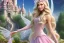 Placeholder: castle in background, beautiful, soft, big smiling, straight and long blonde hair, dewy and shiny atmosphere, diamond crown, long fairy wings in the back, full head, pink veil clothes