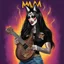 Placeholder: metalhead woman long dark hair in KISS makeup and heavy metal tour T-shirt carrying chocolate birthday cake shaped like a guitar, text "MAM", candles, by Wes Benscoter and Greg Rutkowski, digital art, colorful, quirky, KISS cat makeup