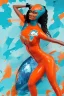 Placeholder: Miami Dolphins-themed beautiful perfect female superheroine orange and teal skin-tight costume CopticArt Afrofuturism Style of Elle Magazine Reisha Perlmutter Leng Jun Stan Lee Joseph Ducreux Kehinde Wiley Boris Vallejo Jeff Koons photorealistic portrait painting street art 64 megapixels Pixar, Disney 3d digital art, Maya 3D, ZBrush 3D shading dynamic lighting iridescent