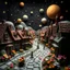 Placeholder: Detailed diorama of a street made of modeling clay and felt, village, stars, galaxy and planets, black sun, volumetric light, ZBrush, Max Ernst, flowers, naïve, Tim Burton, strong texture, extreme detail, Yves Tanguy, decal, rich moody colors, sparkles, Harry Potter, bokeh, odd