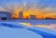 Placeholder: Sunset, winter, Futuristic buildings in the ice, impressionism painting