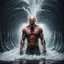 Placeholder: Hyper Realistic Muscular Octopus Head Man standing in a water flood tunnel with big wave splashes at rainy night