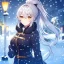 Placeholder: girl, masterpiece, best quality, cinematic lighting, detailed outfit, perfect eyes, silver hair, long hair, vibrant golden eyes, ponytail, messy hair, snowing, winter outfit, hairclip,