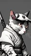 Placeholder: I want a wallpaper, with a black and white cat, one eye is missing and scarred, I want the cat to be a murderous samurai, with a humanoid posture and looking straight ahead. I want you to hold the head of a decapitated mouse in your hand.he only has one eye