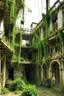 Placeholder: skeletal derelict buildings with hanging plants and vines, with mushrooms on the walls