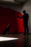 Placeholder: a man in an empty space standing in front of a wall looking at his shadow reflected on the wall. The shadow is raising his hands , a red puppy sleeping in the background