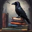 Placeholder: realistic a painting of a raven sitting on a stack of books, a coloured storybook illustration by Andersson and Grimm, gothic art, an old gothic library, everything detailed, 3D beautiful natural background