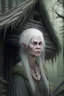 Placeholder: ugly medieval witch, pale skin, grey hair, low plunge neck, forest hut background, realistic