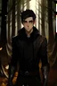 Placeholder: Fantasy world, bot Bad Boy with dark brown hair, looking like a leader , dressed in black, with a sharp face and a light smirk on the lips, he is standing in the wood