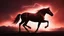 Placeholder: full silhouette of a horse rearing up(on Right side, outlined by lighting), plus red sky with lightning bolt of electricity traveling (from top right to bottom left), speed force