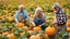 Placeholder: Elderly pensioners harvesting pumpkins from the field. There are acres of pumpkin plants with lots of ripe pumpkins. Everyone is happy. Photographic quality and detail, award-winning image, beautiful composition.