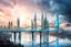 Placeholder: Dreamlike Skyline of Downtown futuristic hightech city in 4050 and a stunning futuristic Bridge During. dark sky, grey and black clouds , storm, dark azur-blue river, cold colors, come storm, rain, high detalied, sci-fi, landscape