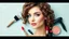 Placeholder: Designing a wall banner for a beauty salon in horizontal orientation with a photo of a beautiful lady's face with curly hair in the center and cosmetics around the image such as hair color varnish, brush, hair dryer, lipstick, blush