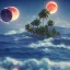 Placeholder: 1980's vaporwave aesthetic palm trees with lightning with lunar eclipse moon crescent in the ocean waves sunset