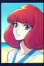 Placeholder: 1girl, retro anime, 80's, redhead,portrait, synth-wave colors, beach