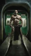 Placeholder: full figure photography of an ugly dirty arab burly muscular beefy strong man 47 years old with raided beard, shaved hair,, ajar mouth, photorealistic ,shirtless, bulging shorts, side light, inside a crowded subway station , neon lights