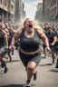 Placeholder: an obese terrified blonde woman crying and sobbing in a crossfit outfit desperately running away from an angry mob of thousands of people chasing her down a city street while she is flailing her arms for dear life