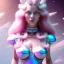 Placeholder: Entire white woman body, long blond hair, blue eyes, pink and blue dress in a galactic ambiance, delicate colors in the foreground, full of details, smooth, light effect，vaporwave colorful, smooth, extremely sharp detail, finely tuned detail, ultra high definition, 8 k, unreal engine 5, ultra sharp focus