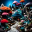 Placeholder: Close-up photograph of a landscape made of felt, animals, fungi, crystals, mineral concretions, extreme detail, intricate, colours, Tim Burton, rich moody colors, sparkles, bokeh, 33mm photography