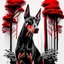 Placeholder: Doberman dog sitting, front view, full body, ink lineart red white black pointy ears trees, front view