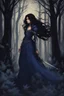 Placeholder: A princess in a dark indigo dress and very long black hair walks through a dark forest full of trees with her knight