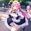 Placeholder: Clear focus,High resolution,High quality, Smiling, Pink long fluffy hair, Yellow eyes, Wearing a pink maid outfit, running with toast in her mouth