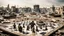 Placeholder: Israeli soldiers and tanks stand on a very large chessboard in the middle of a destroyed city