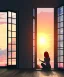 Placeholder: anime style illustration, sad girl sitting on the balcony, looking out of the window, sunset, breeze, shot from inside the house,