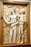 Placeholder: Mother holds her son , cubism a tall slender woman is standing in front of a large white picture frame displayed on the wall of an art gallery. The frame is traditional in style but looks like and has the texture of white clay. Her arms are outstretched like da vinci’s vetruvian man, and the length of her arms and body corresponds to the width of the picture frame. Her feet are perched on a surreal small shadow rock and it looks like she is floating above calm water. The picture is without canva