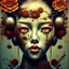 Placeholder: an abstract painting of rusted metal and flowers, Geisha portrait, rust, scaffolding, iron cladding, decay, mixed media, textured, anatomically correct, beautiful perfect face, sharp focus, highly detailed