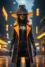 Placeholder: sacred geometry framed dinner plate, black, yellow and orange neon cyber punk dancer thief in soaked rain coat and cowboy witch hat shadows boss card in the style of Giger and fallout 4 ,,bokeh like f/0.8, tilt-shift lens 8k, high detail, smooth render, down-light, unreal engine