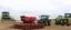 Placeholder: Parked at the edge of a field is a Claas brand Combine(left)seeder(middle) and a John Deere Tractor with seeder(right) simplified