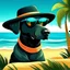 Placeholder: perro negro con lentes de sol y gorra bien canchero en una playa del caribe como caricaturan una playa del caribe al estilo de pintura naif