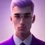 Placeholder: man, cute face, white highlight hair, brown eye, white, skin, purple suits, futuristic, science, purple, blue, pink background lighting, technology, profile, asian boy, square face, eyeglass