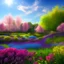 Placeholder: cosmic city, blue sky, garden, flowers, trees, sunny day, pink, blue, yellow lights