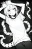 Placeholder: girl in T-shirt lying on the ground and covered with snakes, greyscale