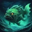 Placeholder: Anglerfish in the depths of the ocean glowing toxic green, in in inuyasha art style, background ocean depths