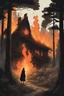 Placeholder: In the heart of a dense, ancient forest, a medieval cottage stands engulfed in flames, its timeworn timbers crackling and sending plumes of smoke into the sky. In the foreground, a mysterious woman in silhouette stands, the house is melting like candy. the house is engulfed in flames. a woman in a cloak hides behind a tree.