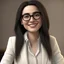 Placeholder: a portrait of smiling woman wearing ivory blazer with white shirt inside. long black hair, messy hair. light skin. black eye pupils. big nose. pear face shape. wearing small rectangle glasses, transparent glasees frame. thick eyebrow. pixar style. 3D. 4k. portrait. highly detailed. sharp focus. high resolution. full color. cinema lighting