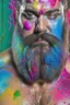 Placeholder: full body shot photography of a spanish burly bearded man 44 years old crossed arms, sweat wet muscular beefy, swimwear, face with big drops of multicoloured paint, curly beard, big drops dripping, big ripples of multicoloured paint, big drops on the face, eye-to-eye, dripping multicolored paint, bullneck, long curly hair dripping, photorealistic, strong top light, ambient occlusion , view from the ground