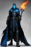 Placeholder: A commander with a matte black combat helmet and eyes with bright blue flaming pupils, a black cape and a long coat with long combat boots and a long, sharp and fiery spear and with his helmet under his cape and two blue flames instead of eyes