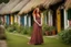 Placeholder: Full body shot of a tall slim pretty, red-headed young woman, dressed in a long flowing colourful dress, standing in front of a row of cottages and shops with thatched roofs, casting runes in the air