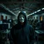 Placeholder: Anonymous man wearing black hoodie in a photo in abandoned military station with a group of special forces in with computers in background with bold military style pattern clothing captured in the middle of photo at night