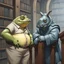 Placeholder: close up 3d illustration very fat yellow and green color big anthropomorphic frog in simple t-shirt and pants stands close and elbowing on an old wooden railing next to each other and talking with a strong gray color anthropomorphic rhinoceros without horns in modern security guard clothes, they talking and elbowing on an old wooden railing next to each other, in background a bibliothek with tall book shelves, detailed sci-fi, fantasy mood