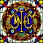 Placeholder: round coaster of letter M with stained glass window effect, highly detailed, intricate, warm colors, stained glass window, glossy from rain, warm lighting, dramatic lighting