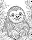 Placeholder: create a 2d black outline, "safari smiling cartoon sloth coloring book for kids", coloring page, low details design, black contour, coloring page design, simple background, colorful , card style, coloring page for kids, white background, sketch style, safari landscape, cartoon style