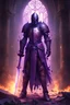 Placeholder: broken medieval corrupted knight with rusting armour with smashed holes, that also has eldritch glyphs on it, holding a holy sword. Purple ethereal magic glows through the gaps in the armour, stood inside a ruined corrupted church on fire
