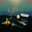 Placeholder: dusk landscape with lake,boat and human body, universe-like Soap Bubble,complex surgical instruments mixed with human body-like musical instruments,minimalism,Painting By Adrian Ghenie, Rene Magritte, Salvador Dali, Lucian Freud